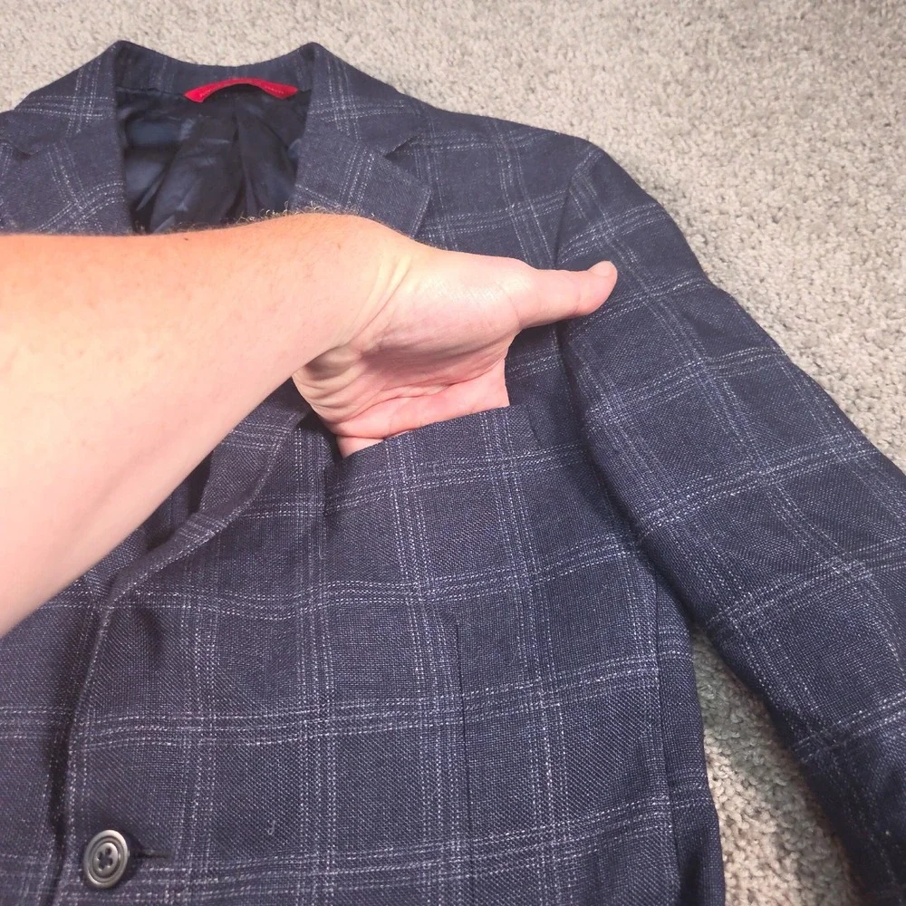 Samuelsohn Wool Linen Blazer 40R Blue Plaid Altered Fits Like 36 S Windowpane